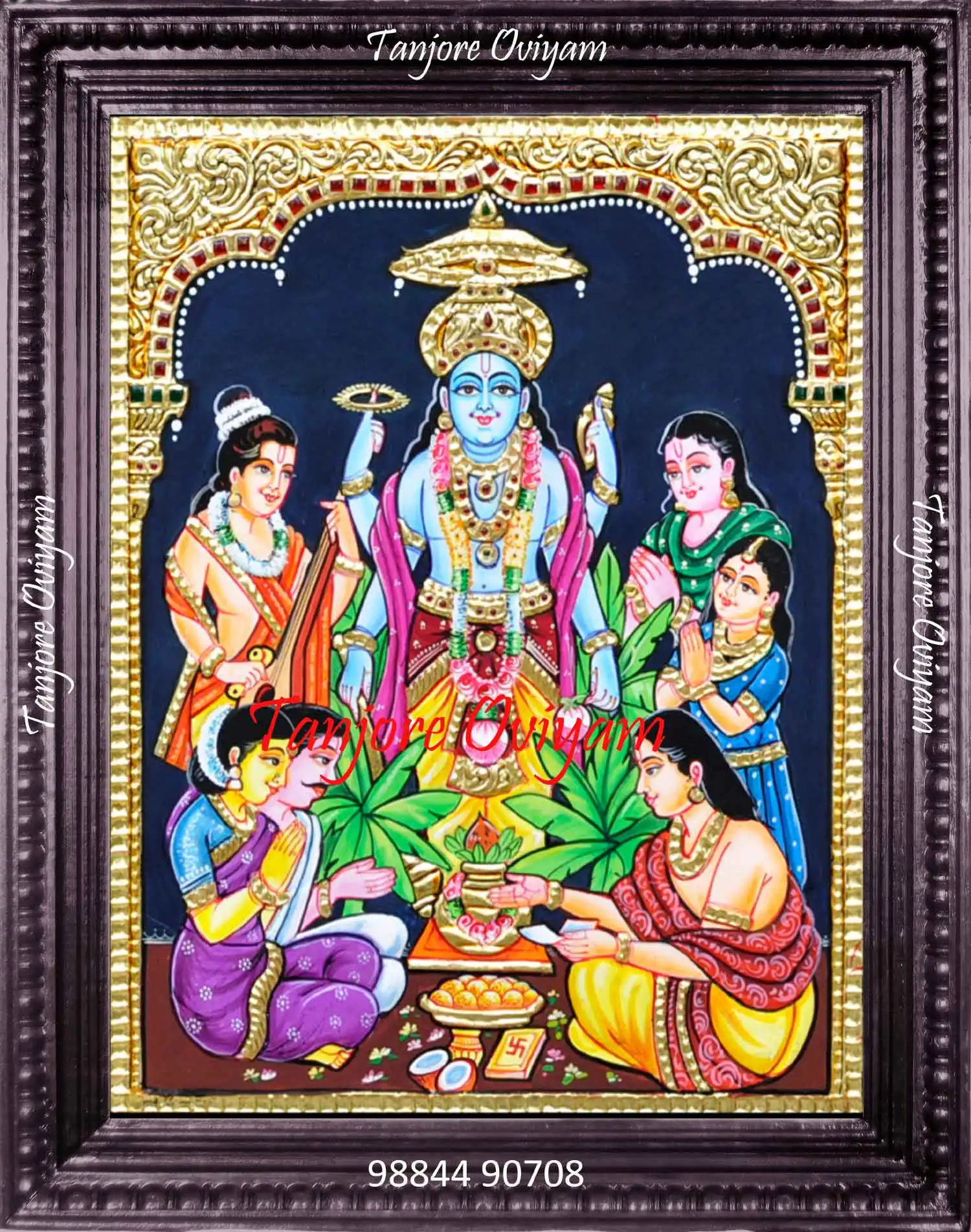 Sathya Narayana Lord Vishnu Tanjore painting featuring devotees offering prayers in rich traditional colours and gold foil work.